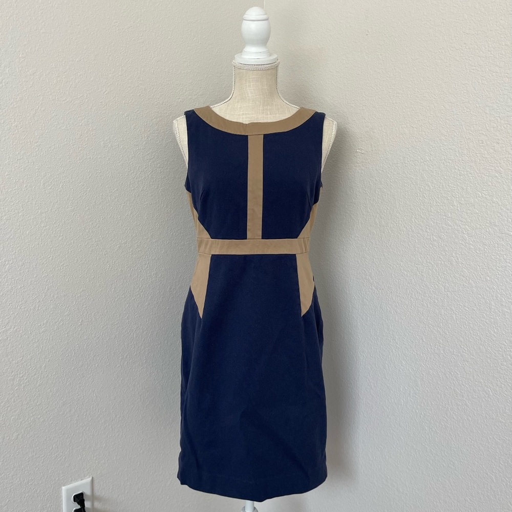 Ann Taylor Blue/Beige Colorblock Sheath Suiting Dress, Size 4
